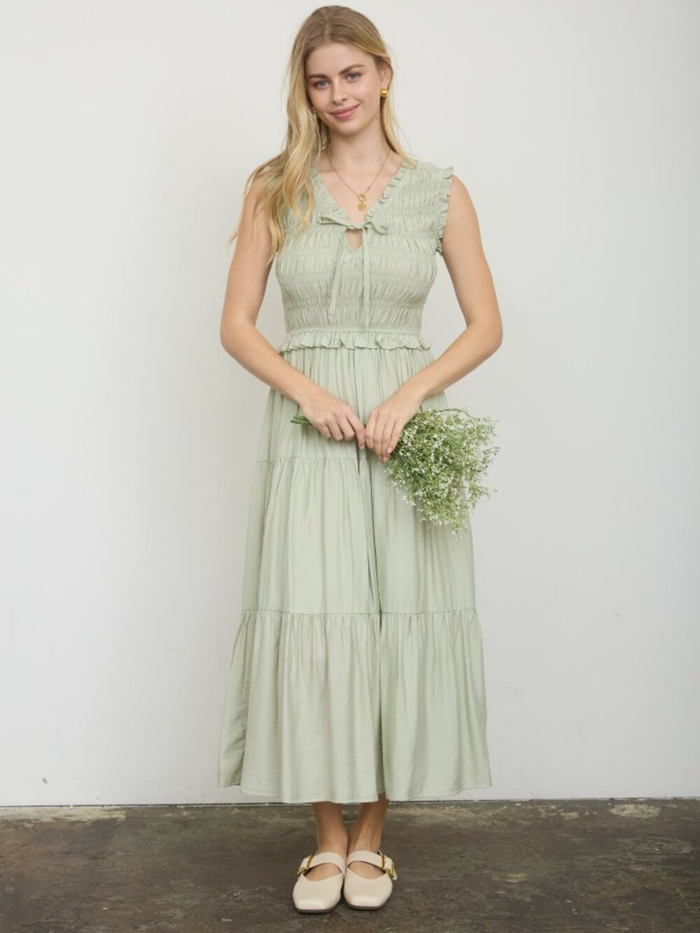Smocked Front Tie Ruffle Detail Tiered Midi Dress